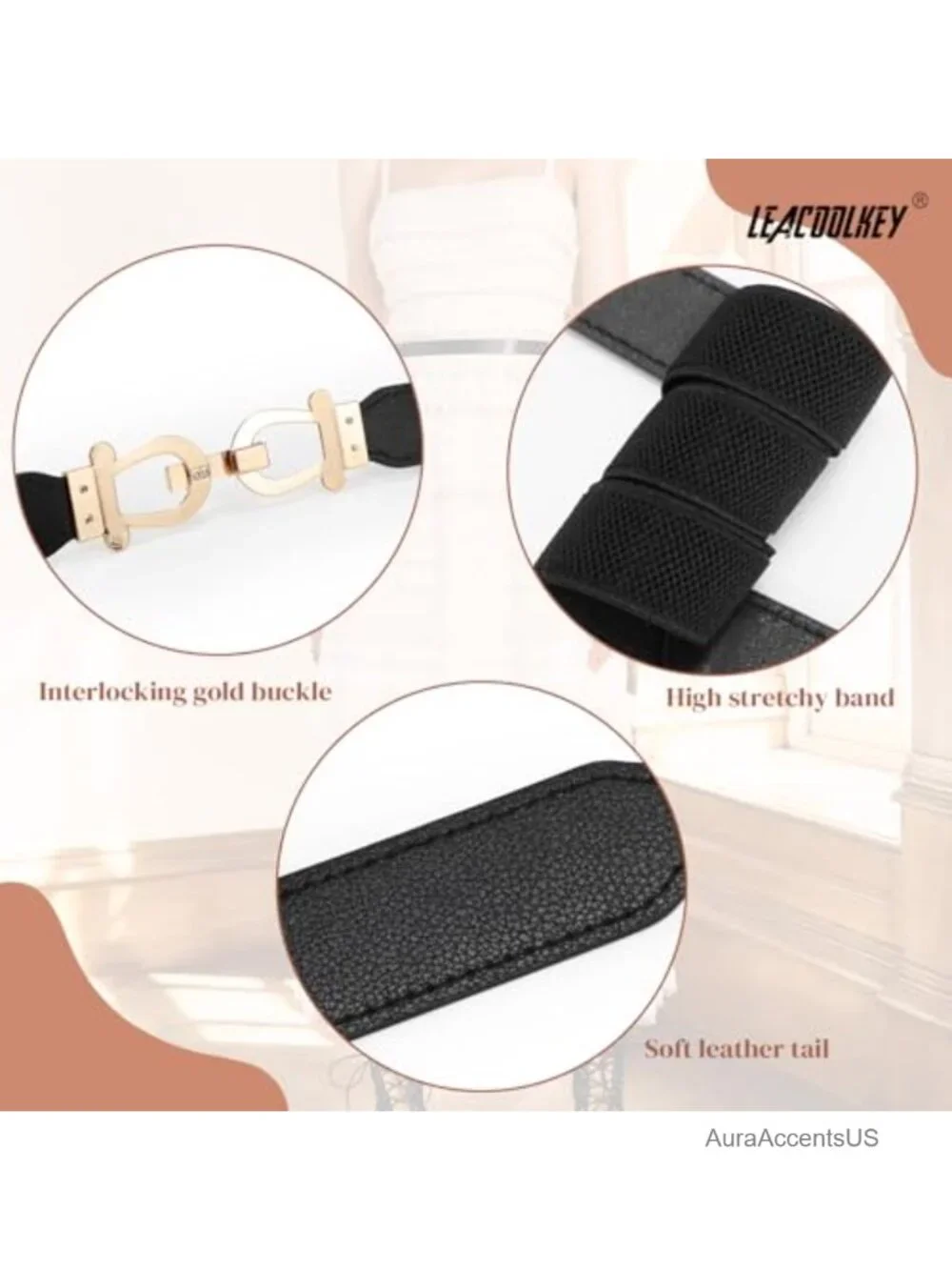 Women Skinny Stretch Belts 2 Pack Thin Elastic Waist Belt Gold Buckle